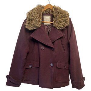 Dollhouse Women's Burgundy Peacoat Jacket Faux Fur Collar XL Double Breasted